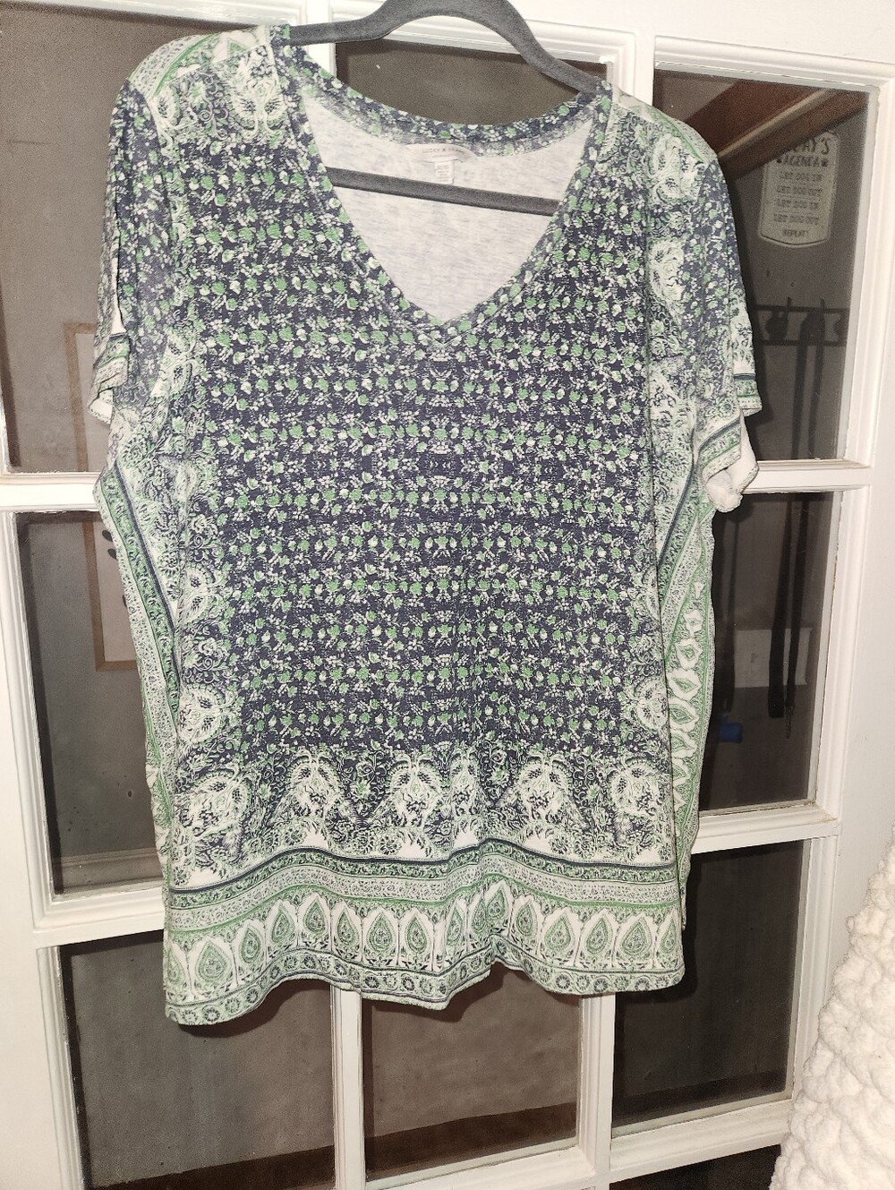 Lucky Brand 1X Boho Paisley Border Print Tunic Top Green Navy V Neck